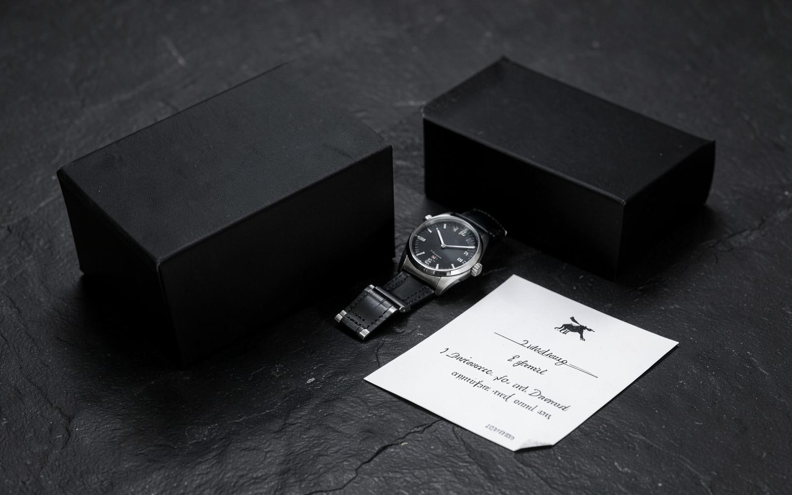 Relieamphi Chronograph R-01 neben der Geschenkbox mit nummeriertem Zertifikat